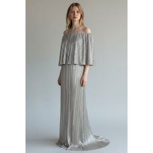 Caramela M Metallic Silver Off Shoulder Maxi Dress Evening Gown Elegant Chic